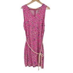 GH Bass Pink Bird Cherry Blossom Print Sleeveless Shift Dress with Rope Belt L